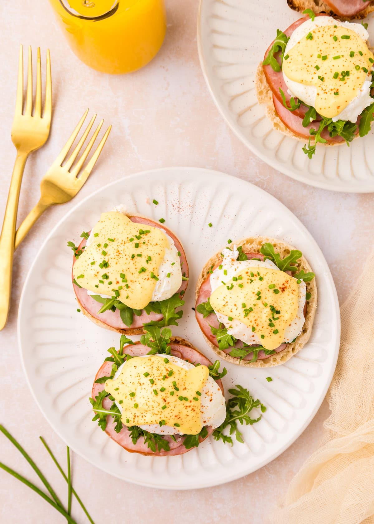 Top shot of served Eggs Benedict.