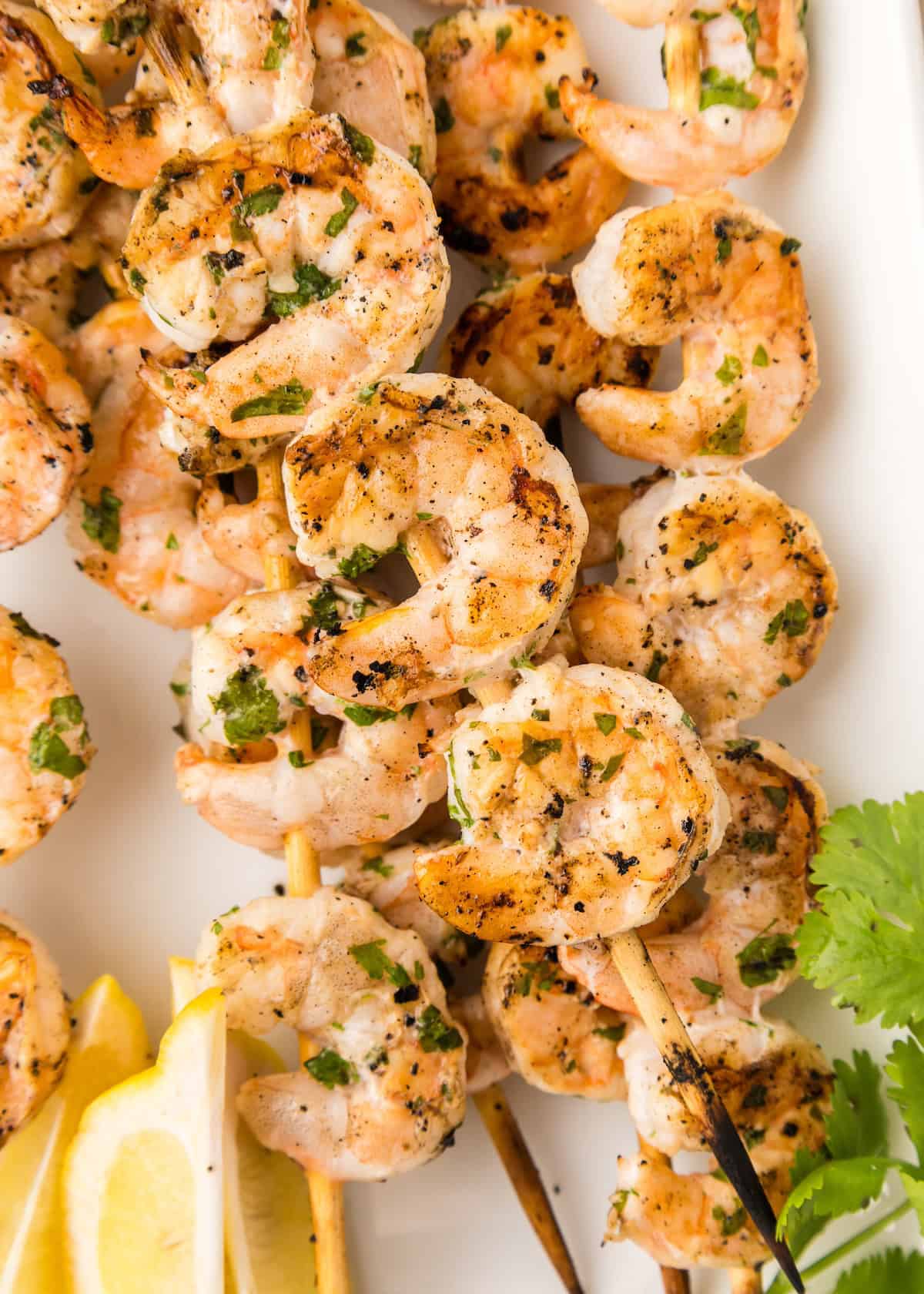 Close up of grilled shrimp on skewers.