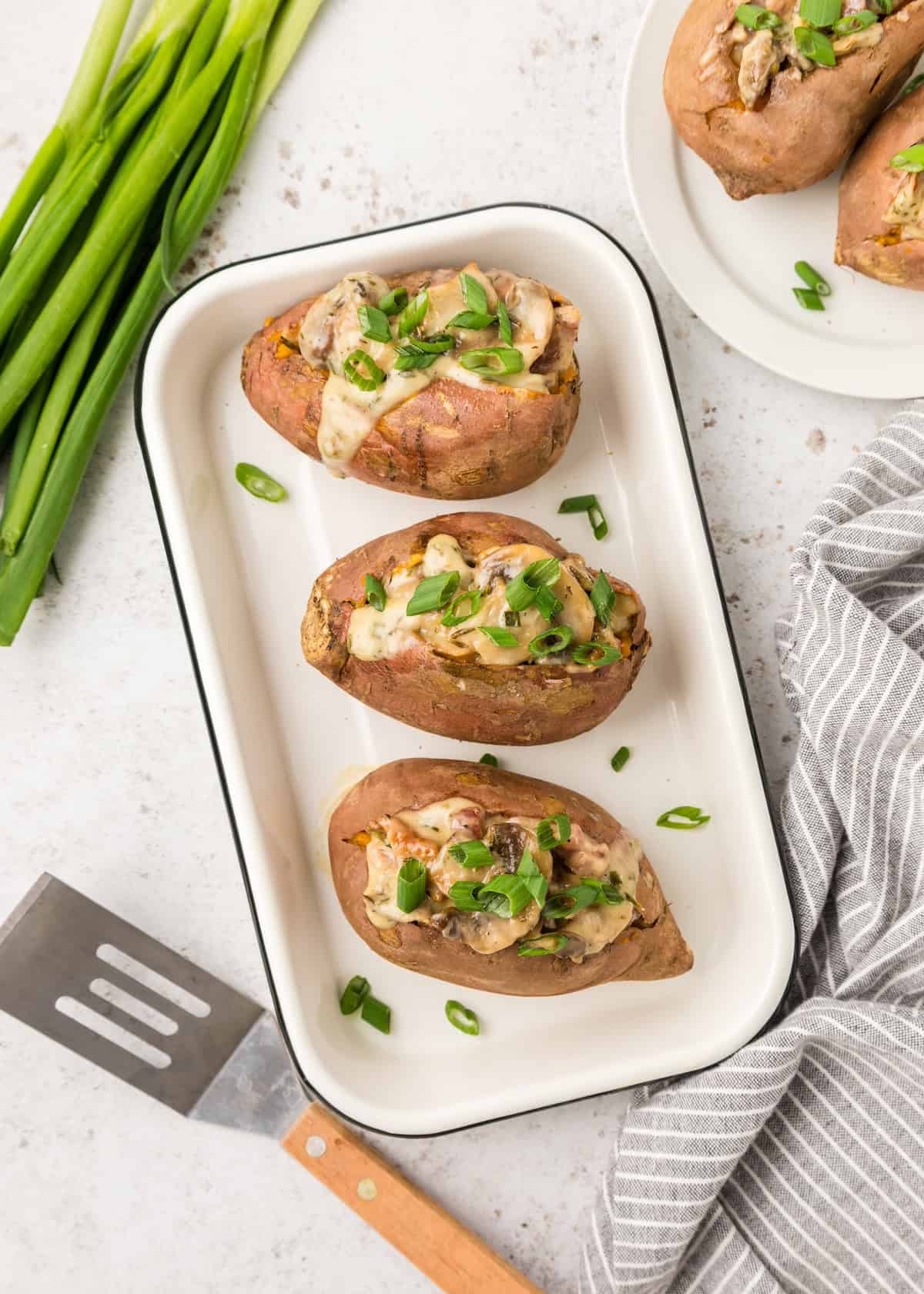 Stuffed Sweet Potatoes in a serving tray.