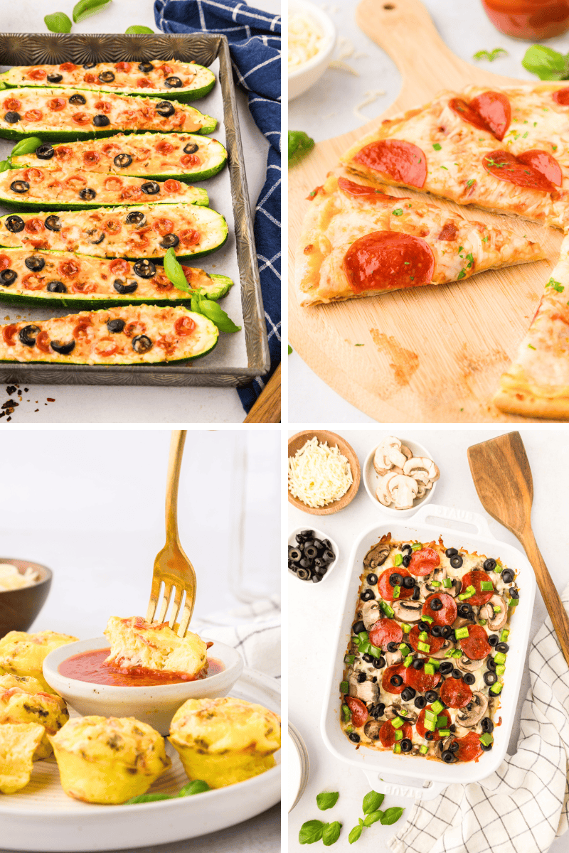 Four images of Healthy Pizza Recipes, featuring zucchini boats, muffins, and classic pizza.