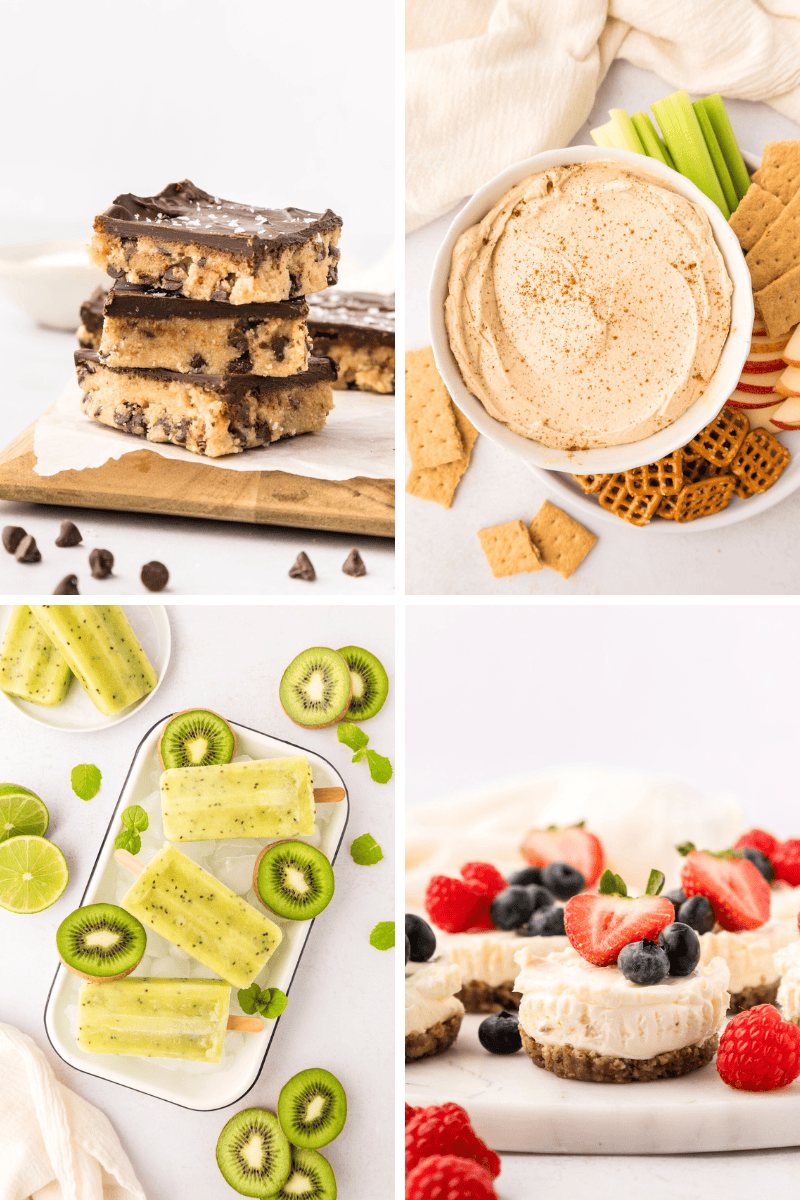 Four no-bake dessert recipes: cookie bars, snacks with dip, kiwi popsicles, and mini cheesecakes.