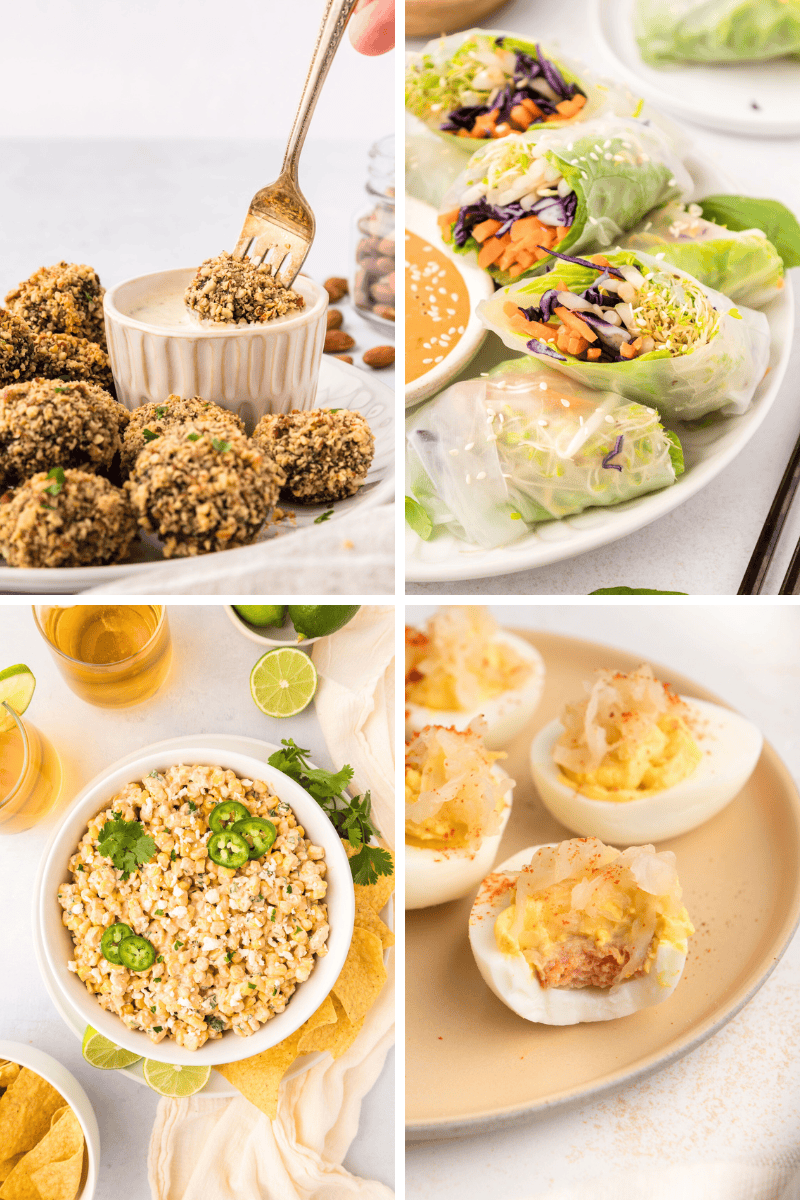 Four plates with healthy appetizer recipes: coated balls, spring rolls, corn salad, and deviled eggs.
