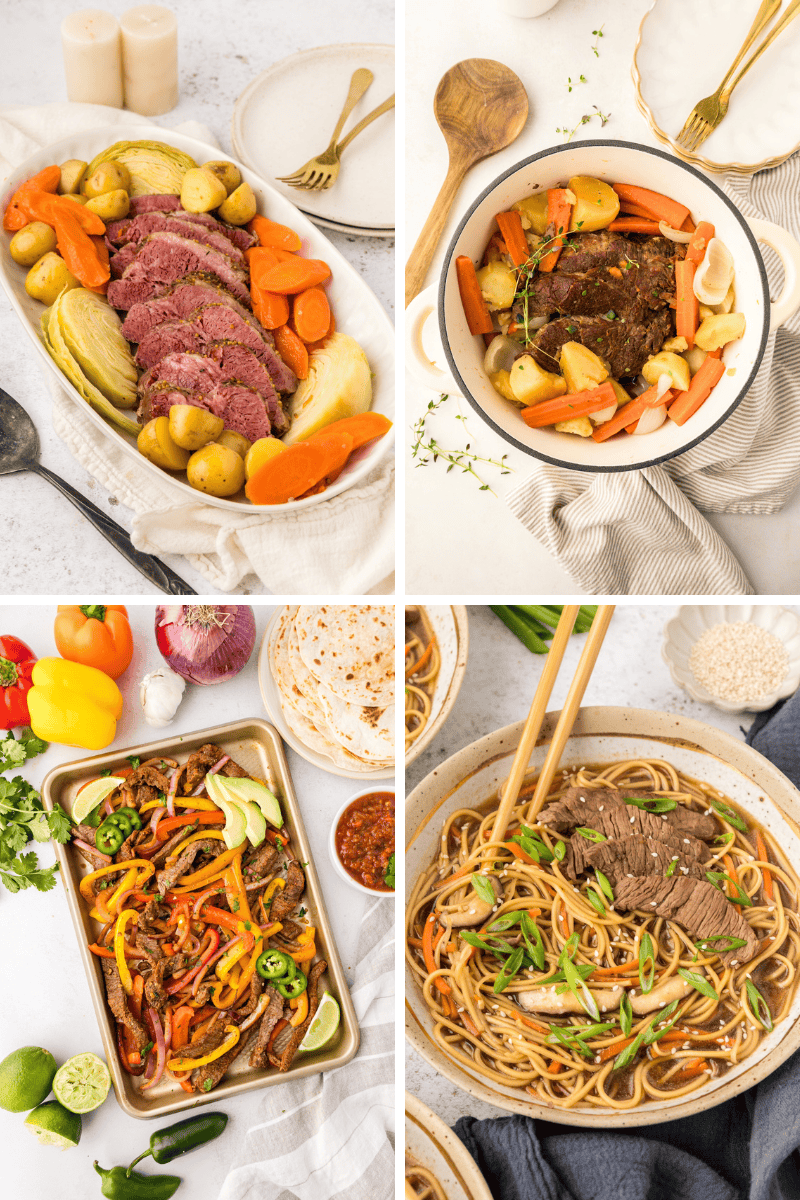 Four healthy beef recipes displayed in separate bowls and plates, viewed from above.