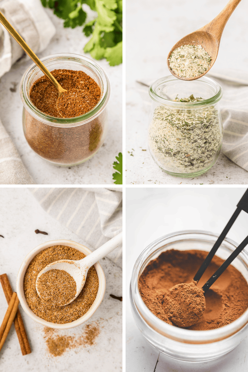 Four jars of homemade seasonings, each with a spoon scooping out the vibrant powders.