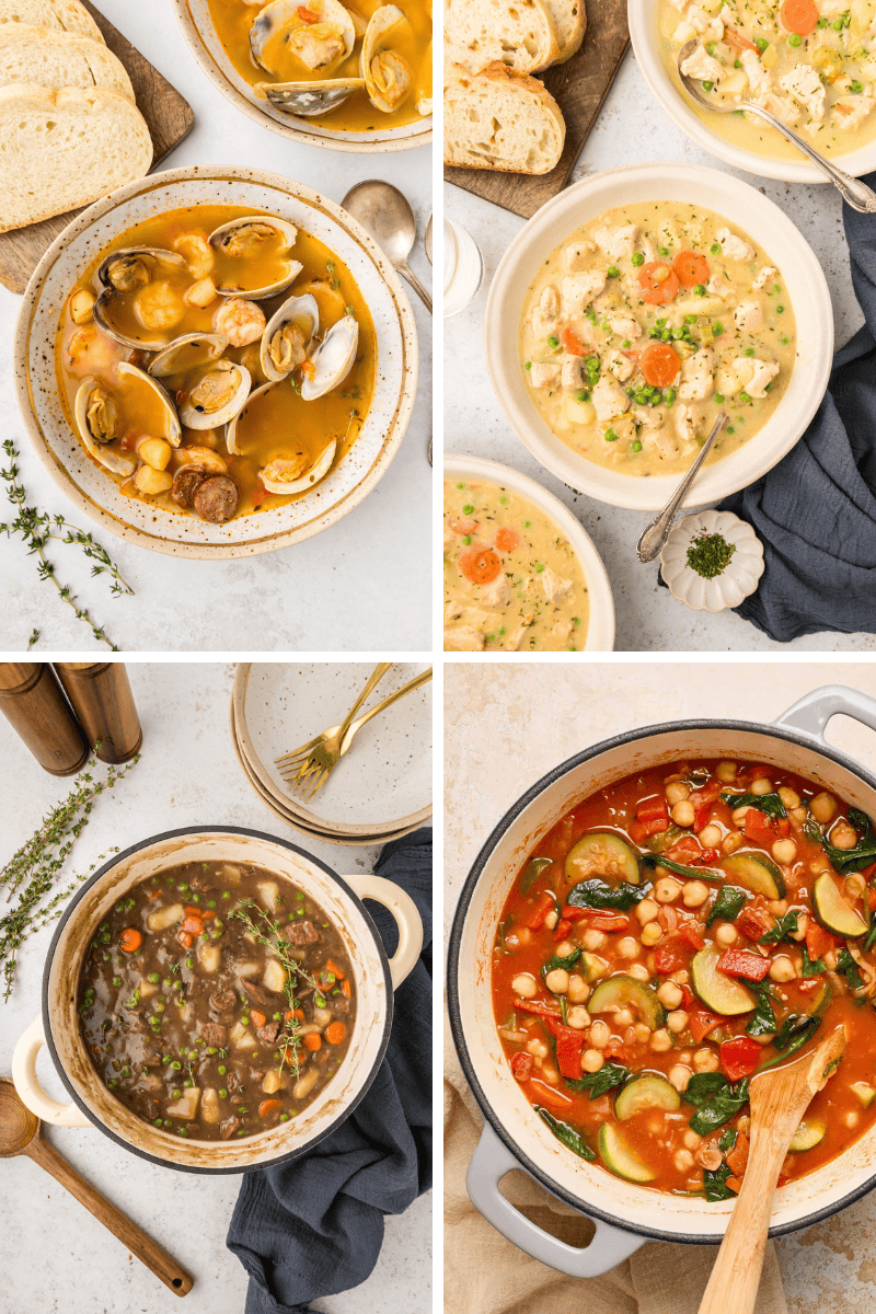 Four bowls of healthy stew recipes and soups, served with bread and utensils on a light table.