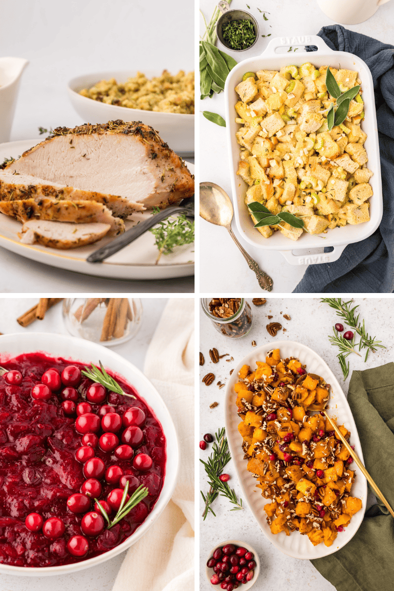 Four Thanksgiving Dinner Recipes: roast turkey, stuffing, cranberry sauce, and roasted squash.