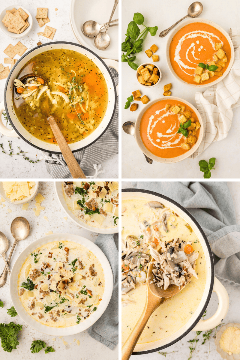 Four healthy soup recipes in bowls, each garnished and photographed from above with spoons.