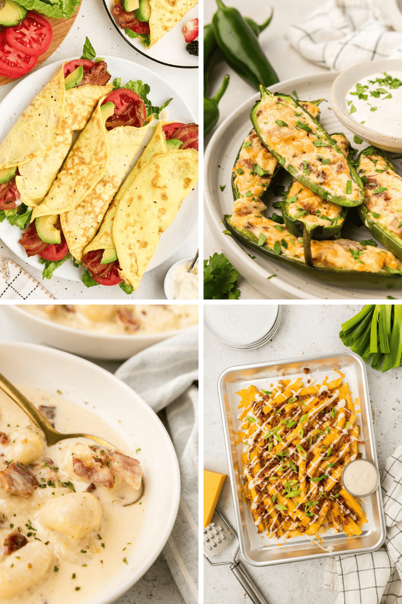 Enjoy four keto-friendly dishes—omelets, stuffed jalapeños, and healthy recipes with bacon.