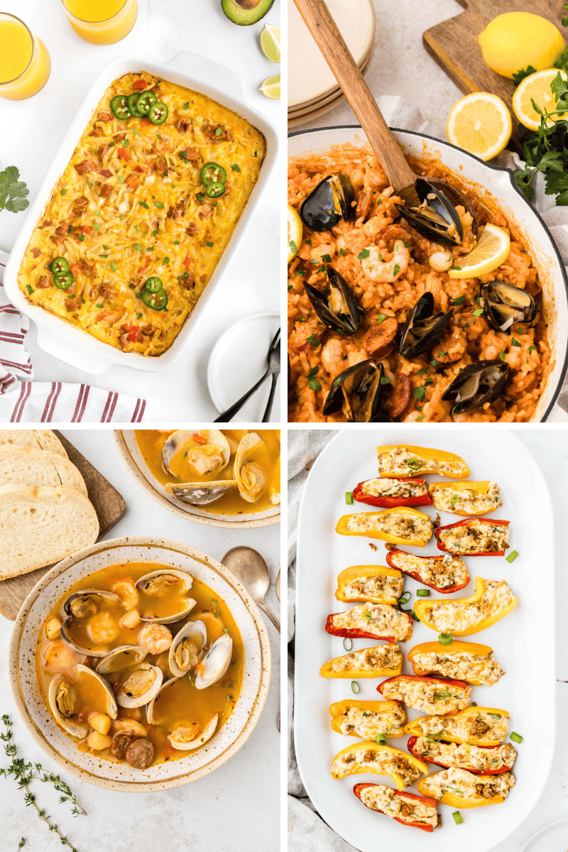 Four dishes: baked casserole, seafood rice, clam soup, and chorizo recipes with mini peppers.