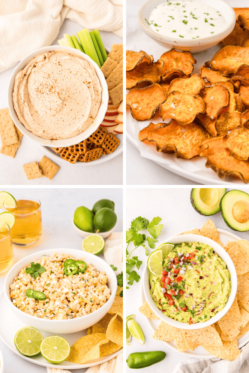Four bowls featuring classic chips and dip recipes: hummus, ranch, corn dip, and guacamole.