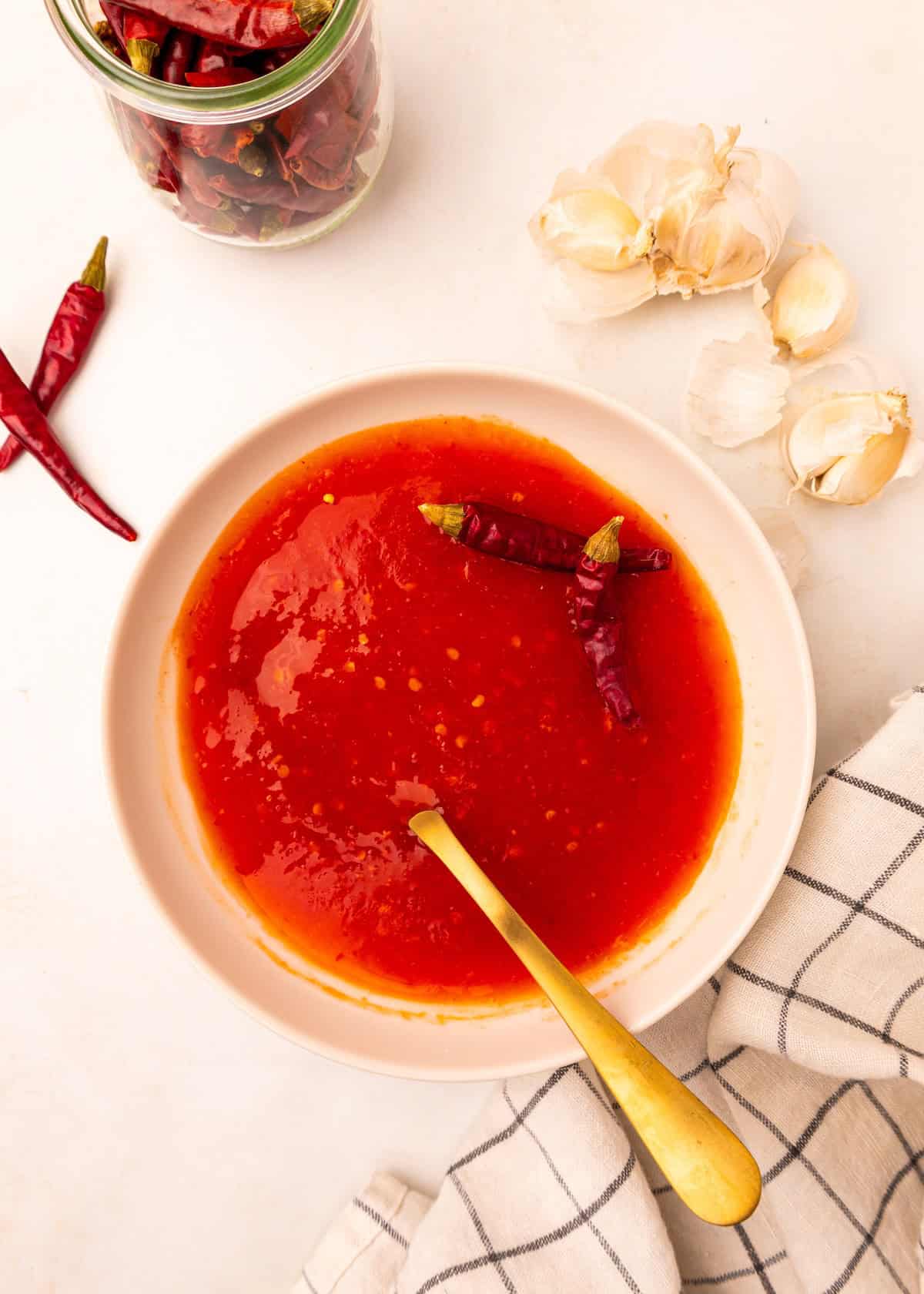 Bowl of Red Chili Sauce with whole dried chilies, garlic cloves, and a spoon.