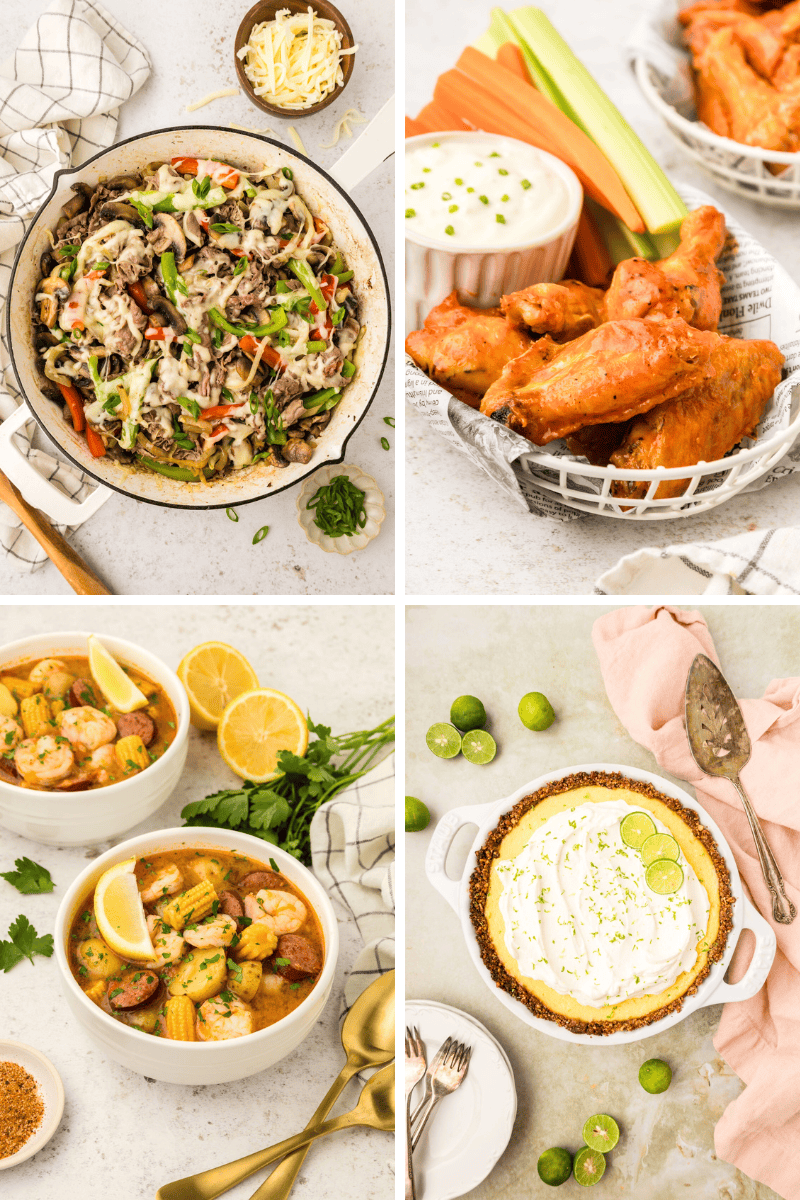 Four dishes: pasta skillet, buffalo wings, shrimp soup—Recipes from Every State—and key lime pie.