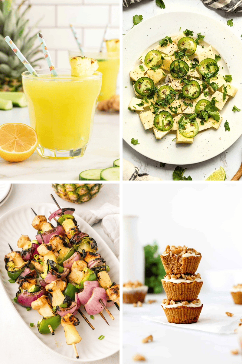 A collage of healthy pineapple recipes, tofu with jalapeños, veggie skewers, and stacked muffins.