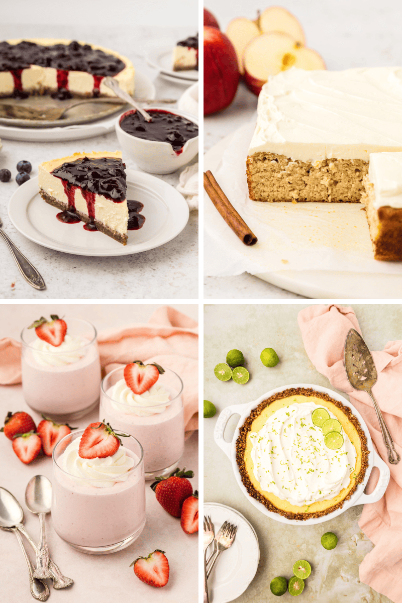 A collage of four different desserts, inspired by healthy dessert recipes and classics.