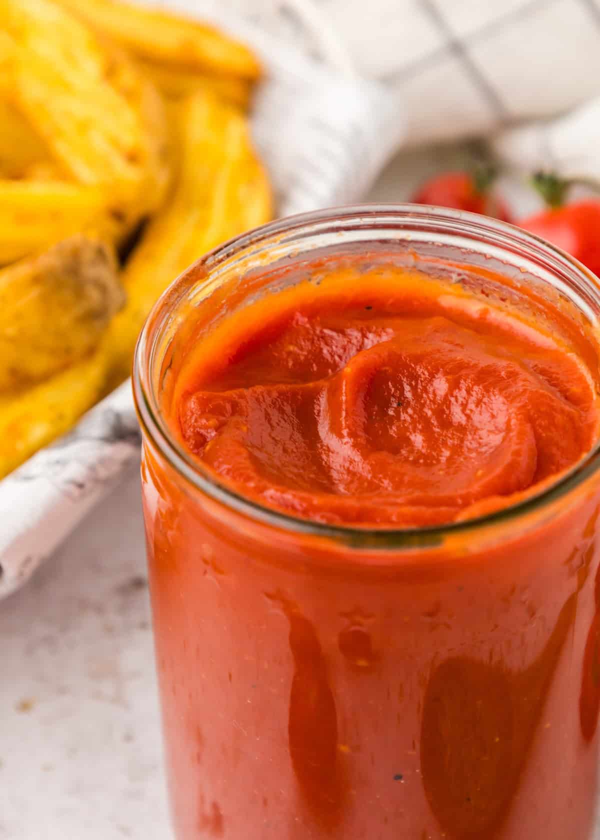 Close up of a jar of Homemade Ketchup.