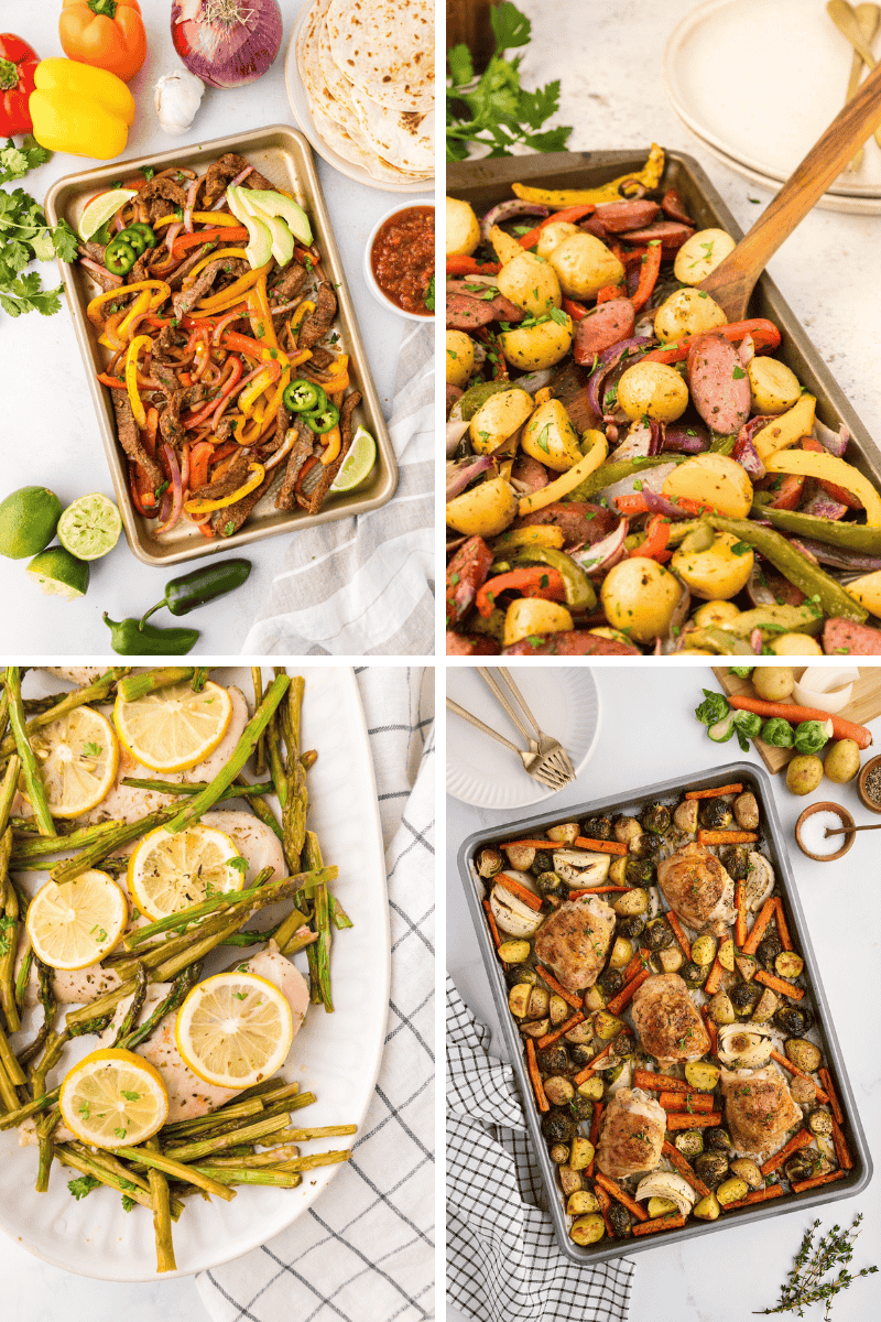 Healthy Sheet Pan Dinners featuring vegetables, potatoes, chicken, and beef, overhead view.