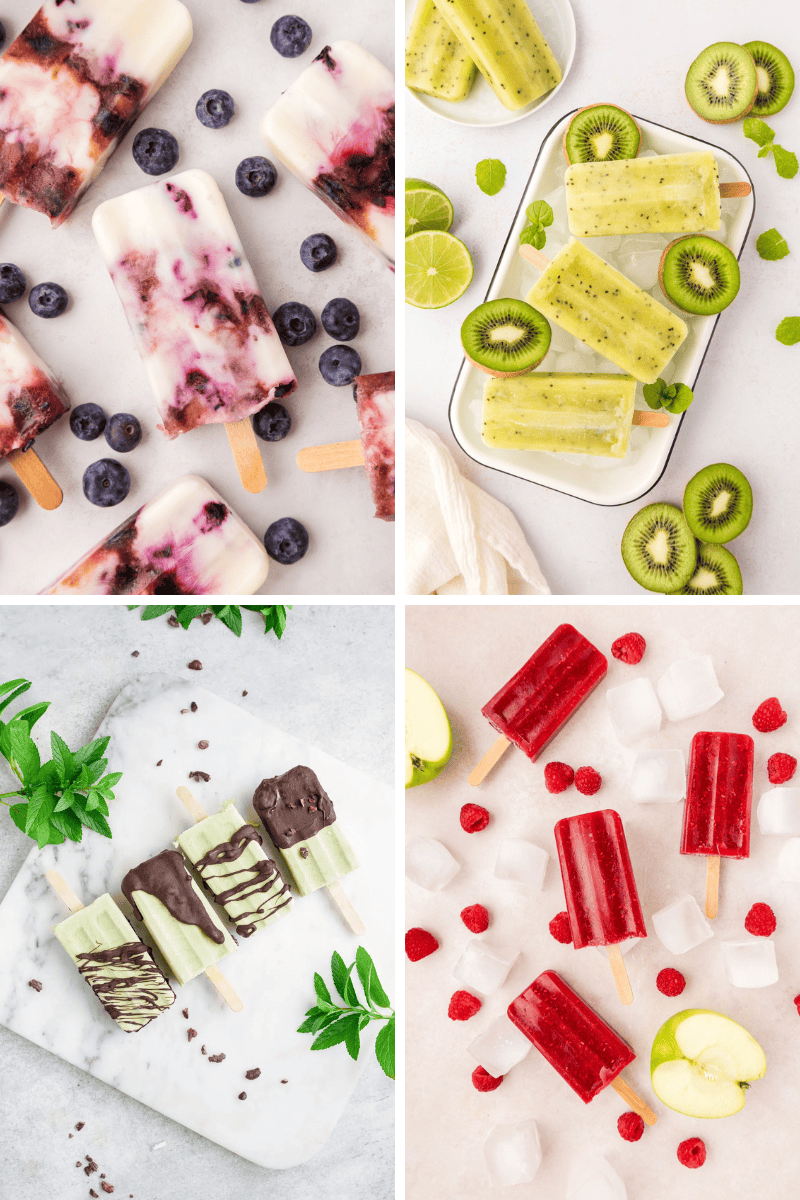 Four types of colorful homemade Popsicle recipes arranged with fresh fruit on a white background.