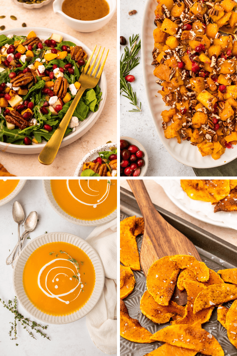 Collage of fall foods: salad, roasted veggies, soup, and butternut squash recipes on plates.