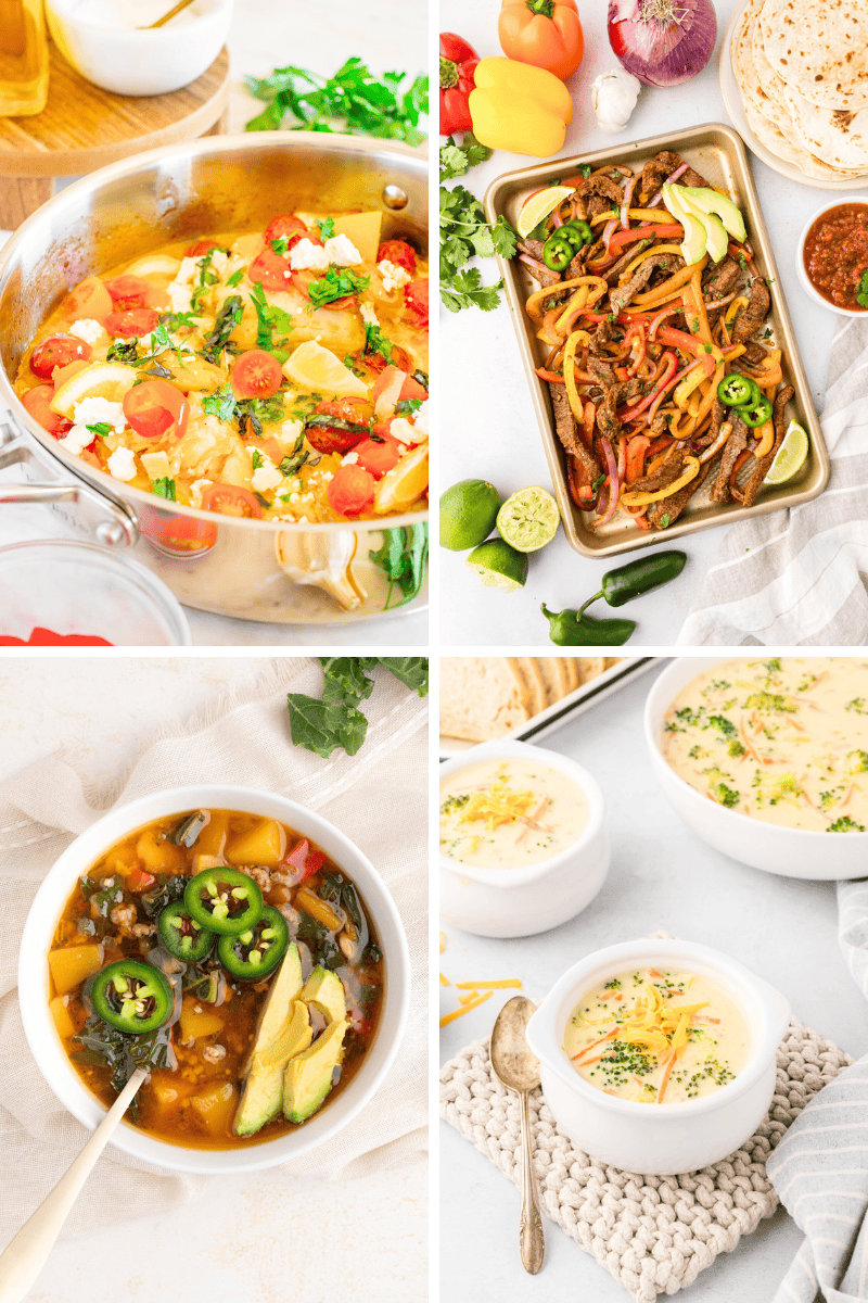 Four vibrant, colorful healthy one pot meals: stews, fajitas, and creamy soups.