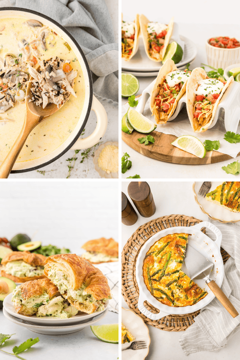 Four images of creamy soup, tacos, shredded chicken recipes, and a vegetable quiche.