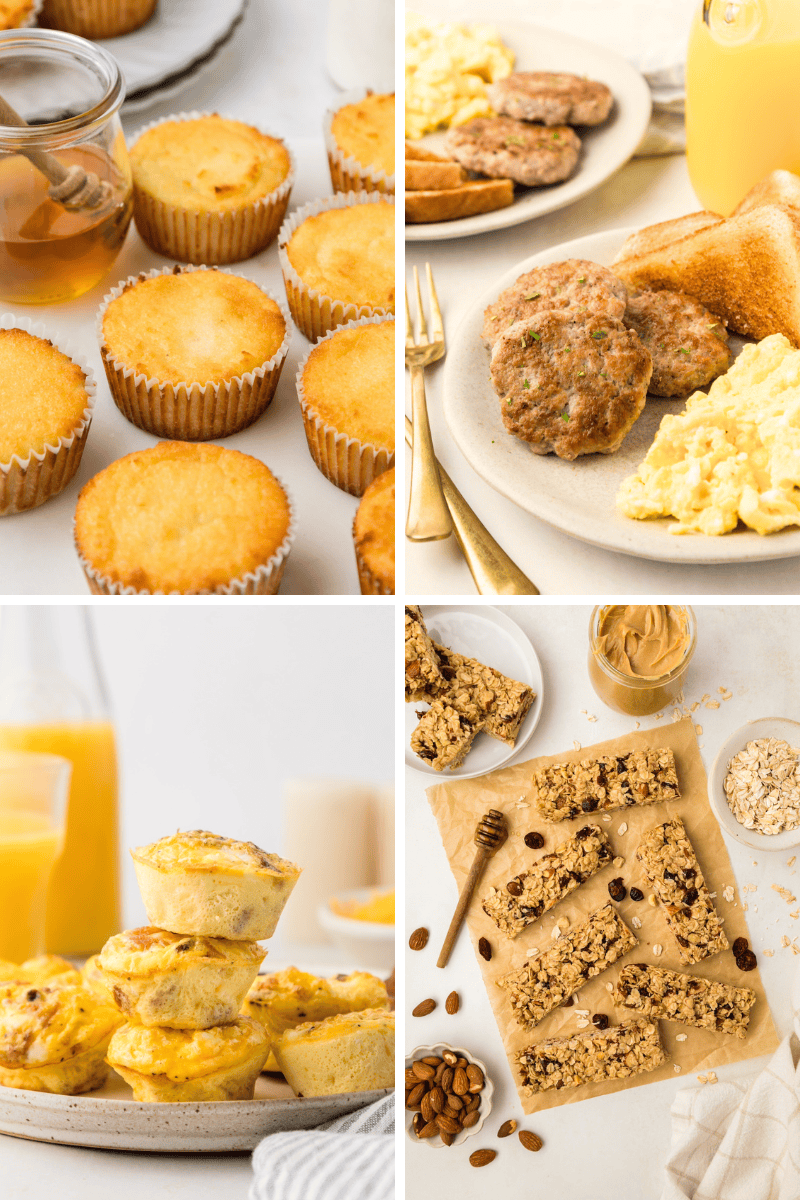 Four-panel image of healthy breakfast recipes: muffins, sausage with eggs, egg bites, granola bars.
