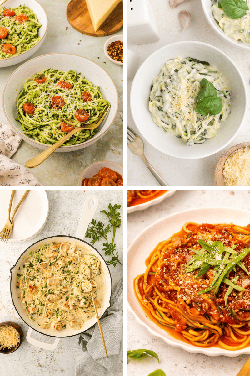 Four bowls of pasta dishes, including vibrant zucchini noodle recipes, seen from above.