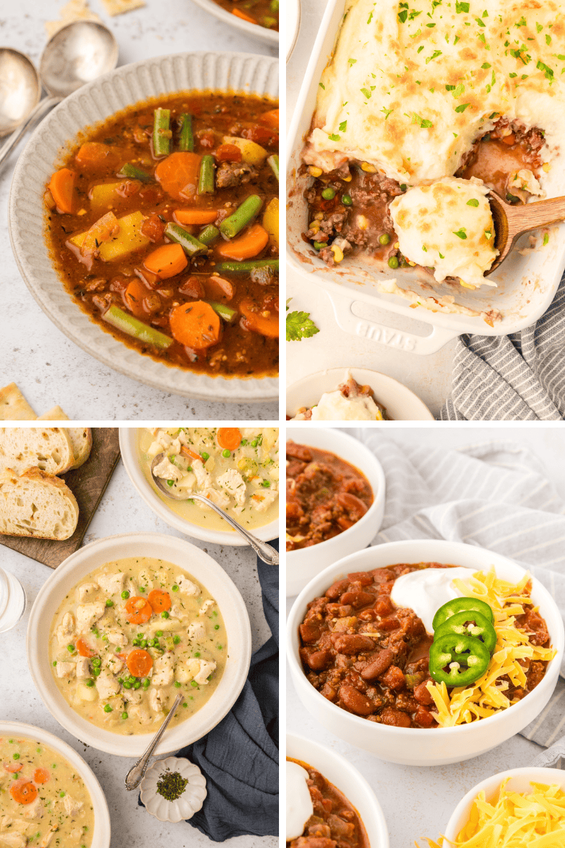Four bowls of hearty soups, stew, and casserole—perfect healthy Instant Pot recipes, topped with herbs.