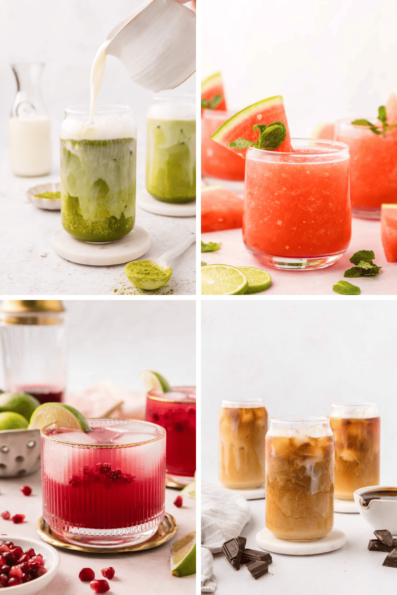 Four colorful Summer Drink Recipes: matcha latte, watermelon slush, fizz, and iced coffee.
