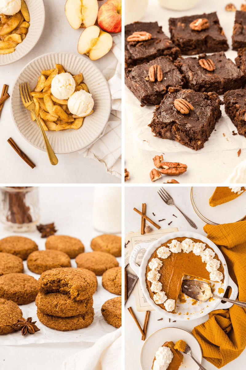 A collage of healthy Thanksgiving desserts: apple pie with ice cream, brownies, cookies, and pumpkin pie.
