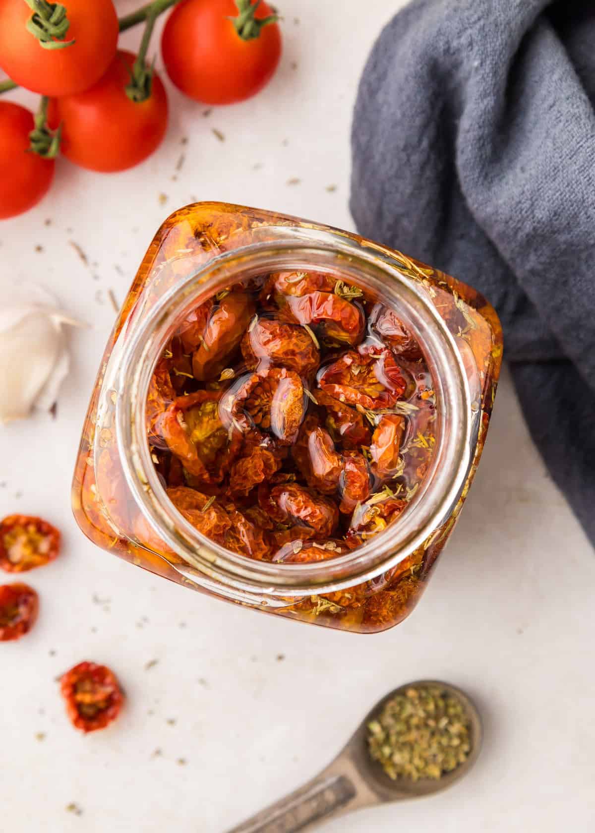 roasted cherry tomatoes in jar, viewed from top