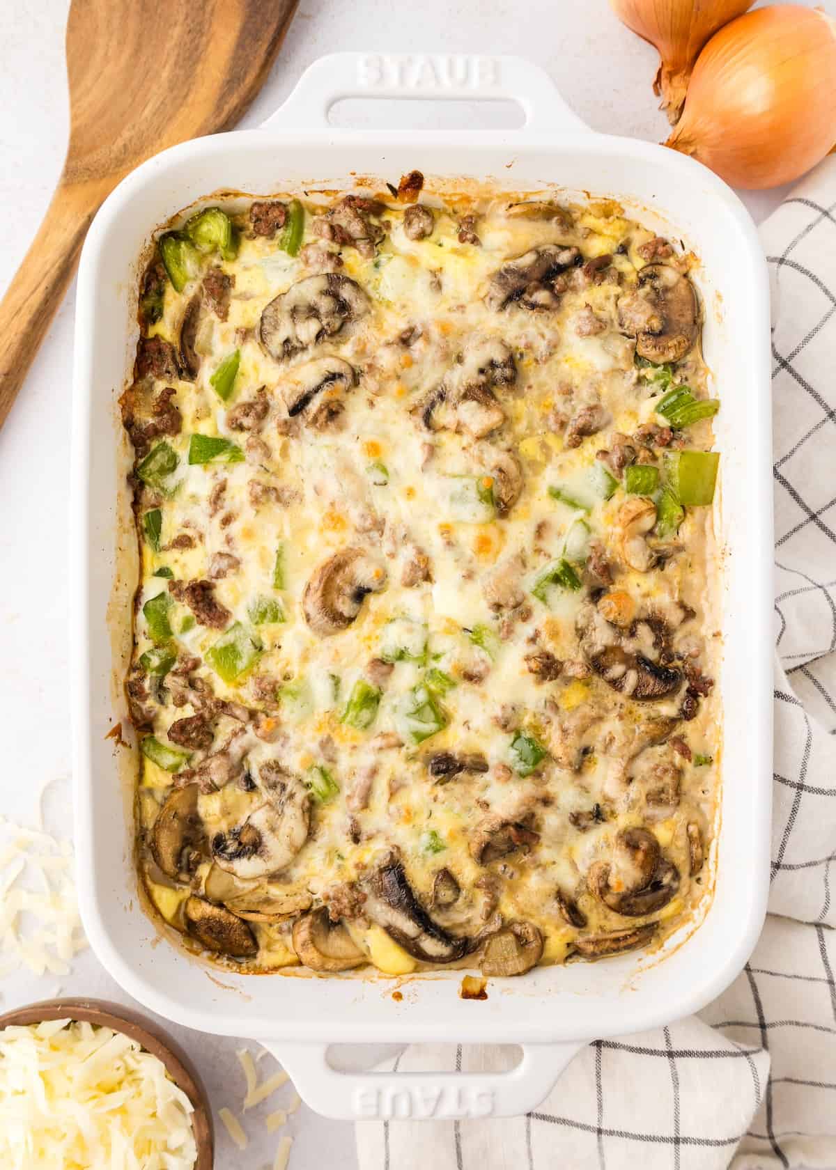 Overhead shot of philly cheesesteak casserole.