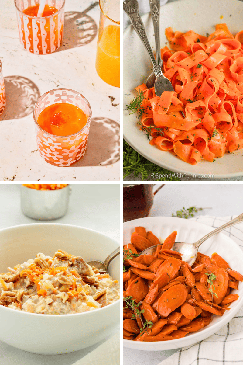 Four images showcase healthy carrot recipes: orange drinks, salad, oatmeal, and cooked carrots.