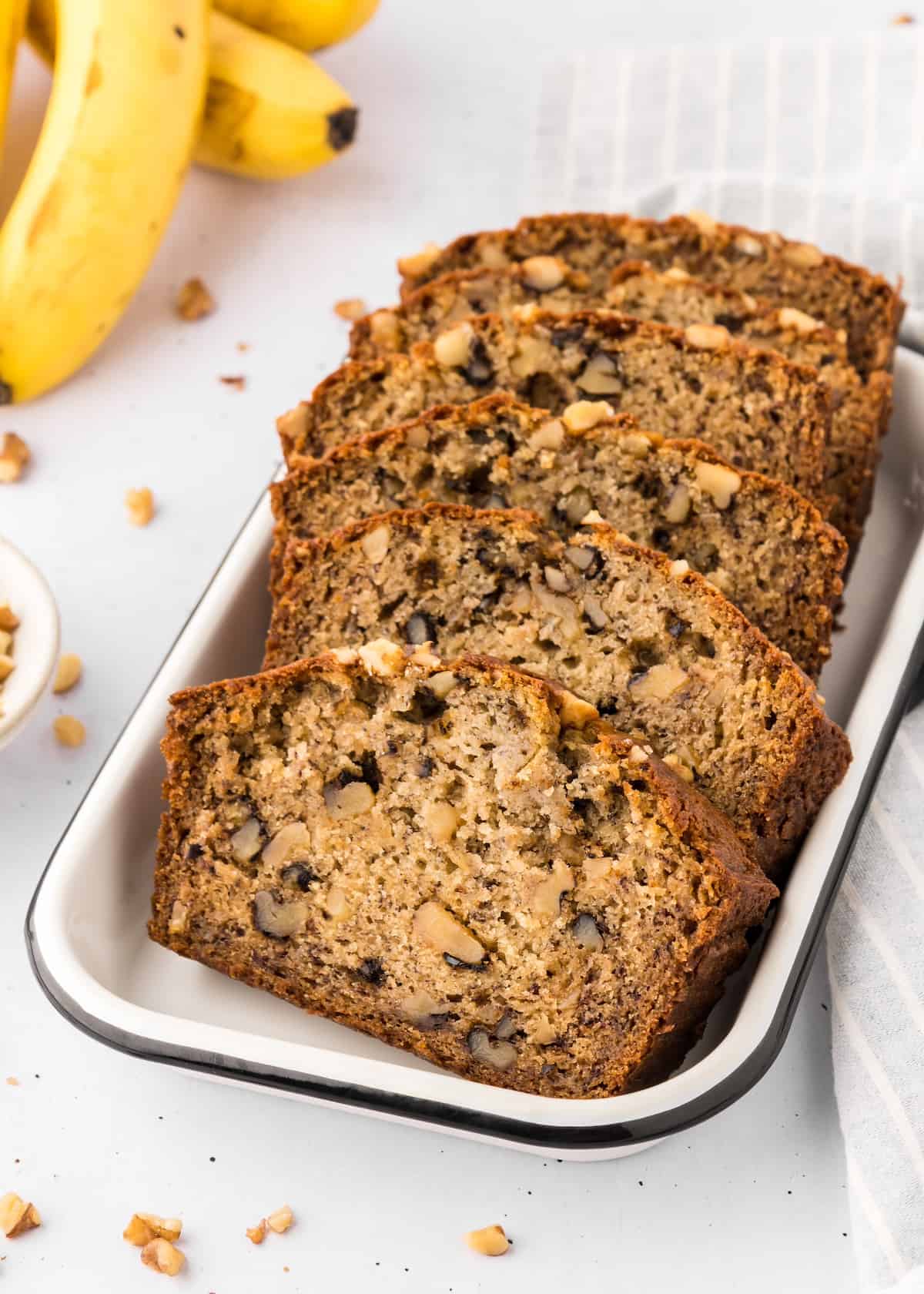 Banana walnut bread in serving tray.
