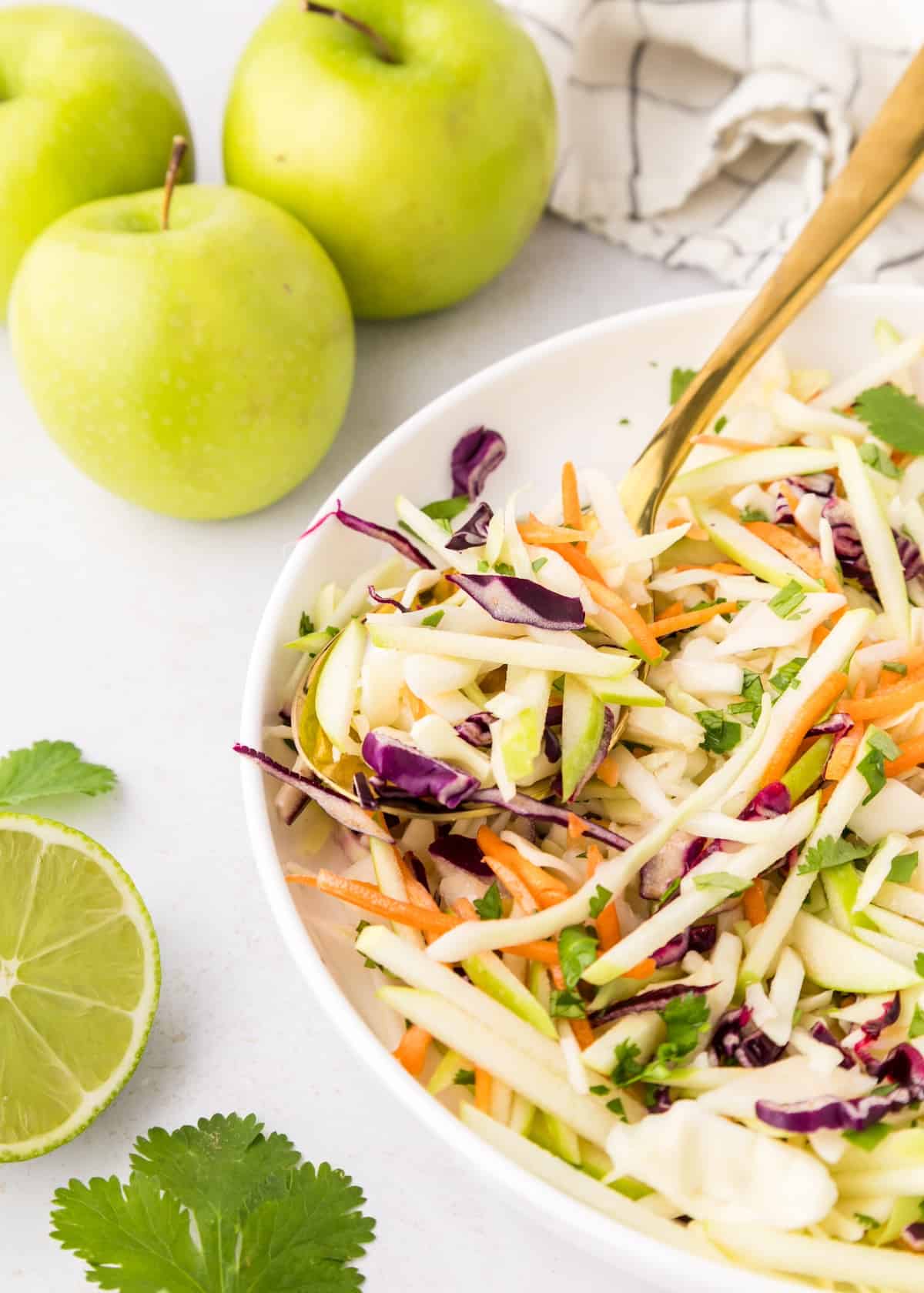 Apple coleslaw in bowl with spoon.