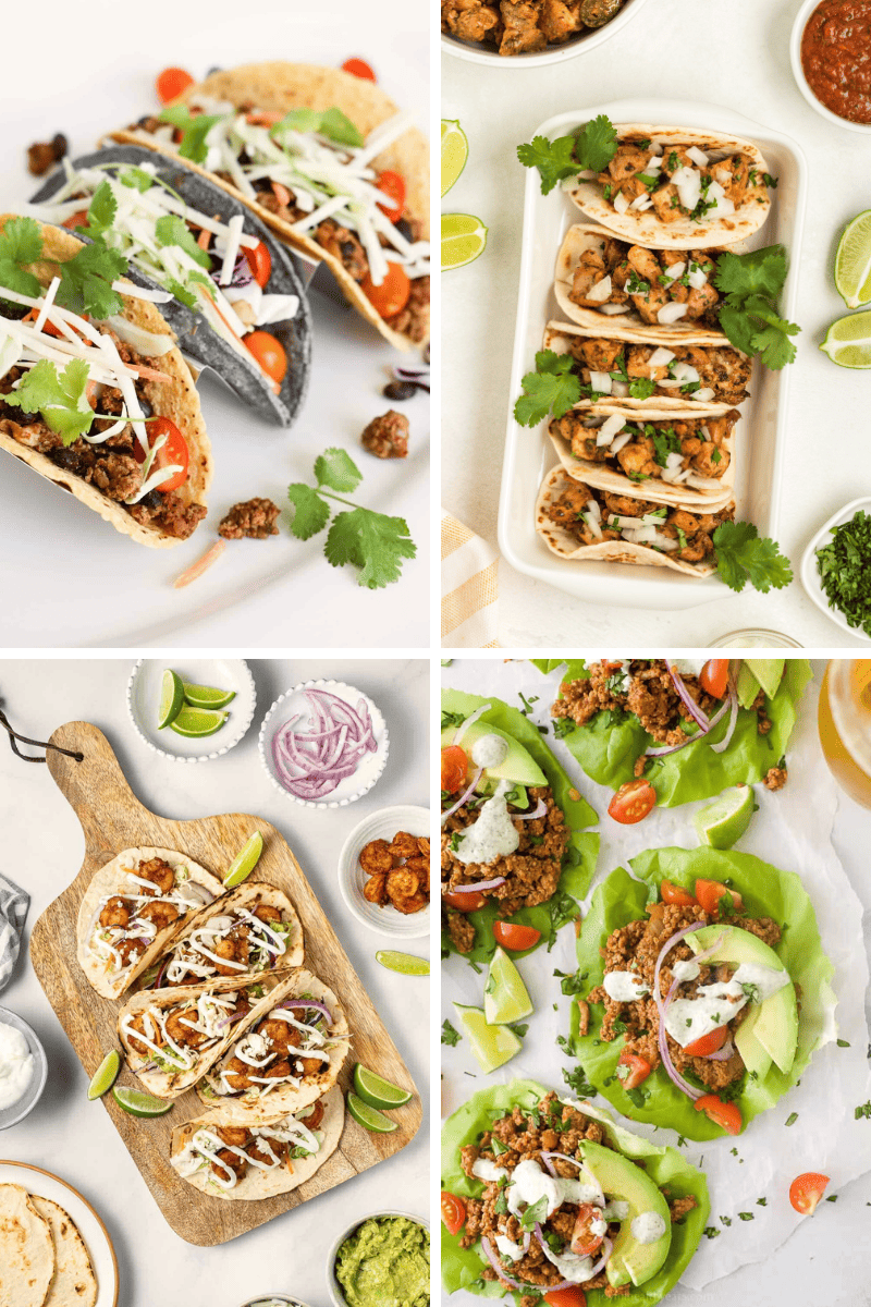 A collage of four plates with Healthy Taco Recipes, garnished with cilantro, lime, and fresh toppings.
