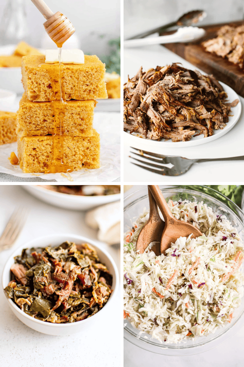 Four Healthy Southern Recipes: cornbread, pulled pork, collard greens, and coleslaw in bowls.