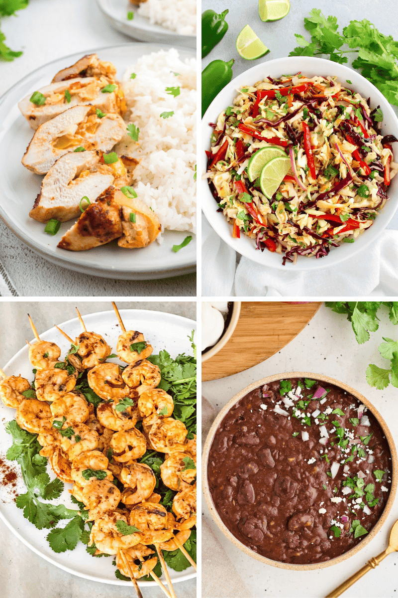 Four plates of healthy Mexican food: grilled chicken, rice, slaw, shrimp skewers, black beans.