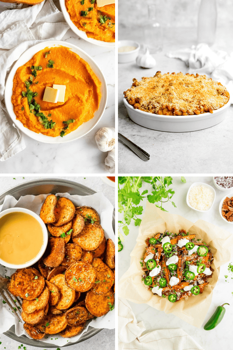 Four dishes: sweet potato recipes, baked casserole, toasted bread, and loaded nachos.