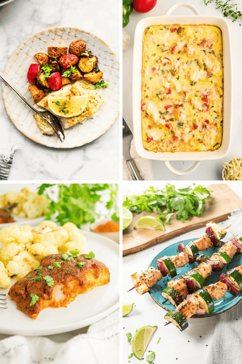Four images: keto fish recipes, roasted potatoes, baked casserole, and grilled kebabs.