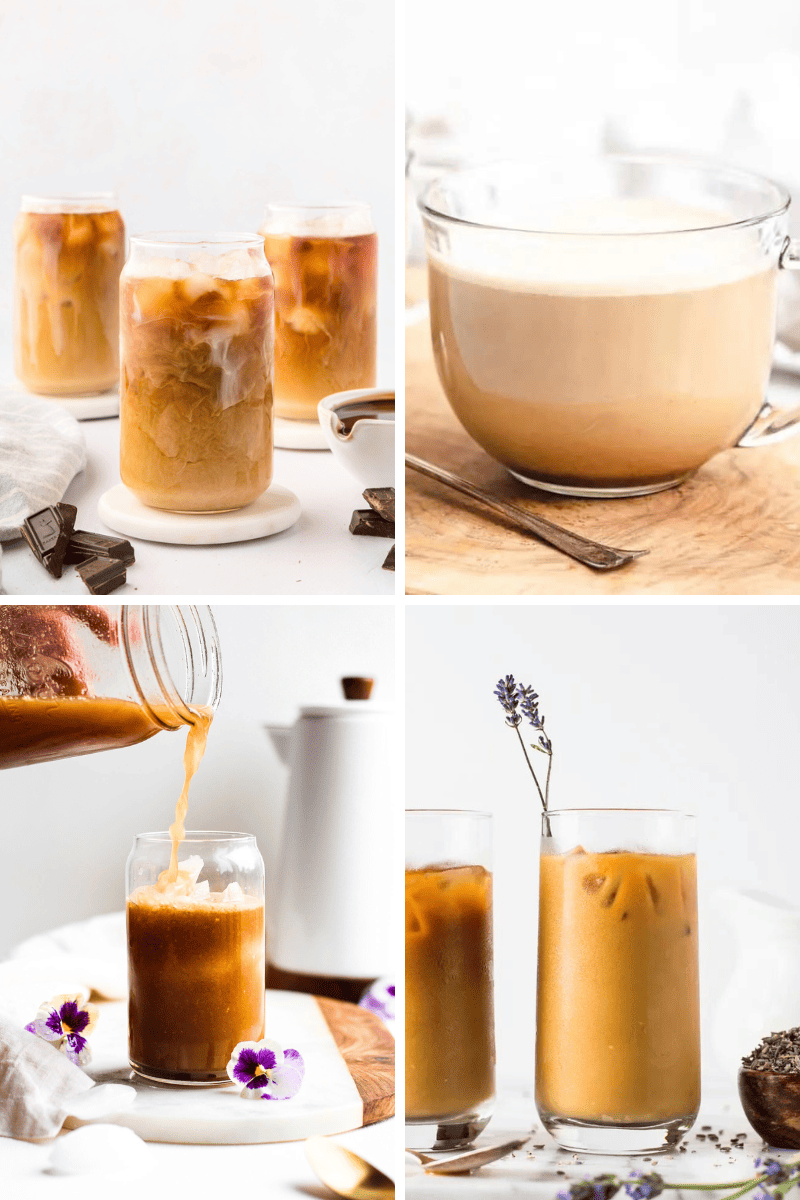 Four images of At Home coffee recipes, served in clear glasses and topped with foam or flowers.