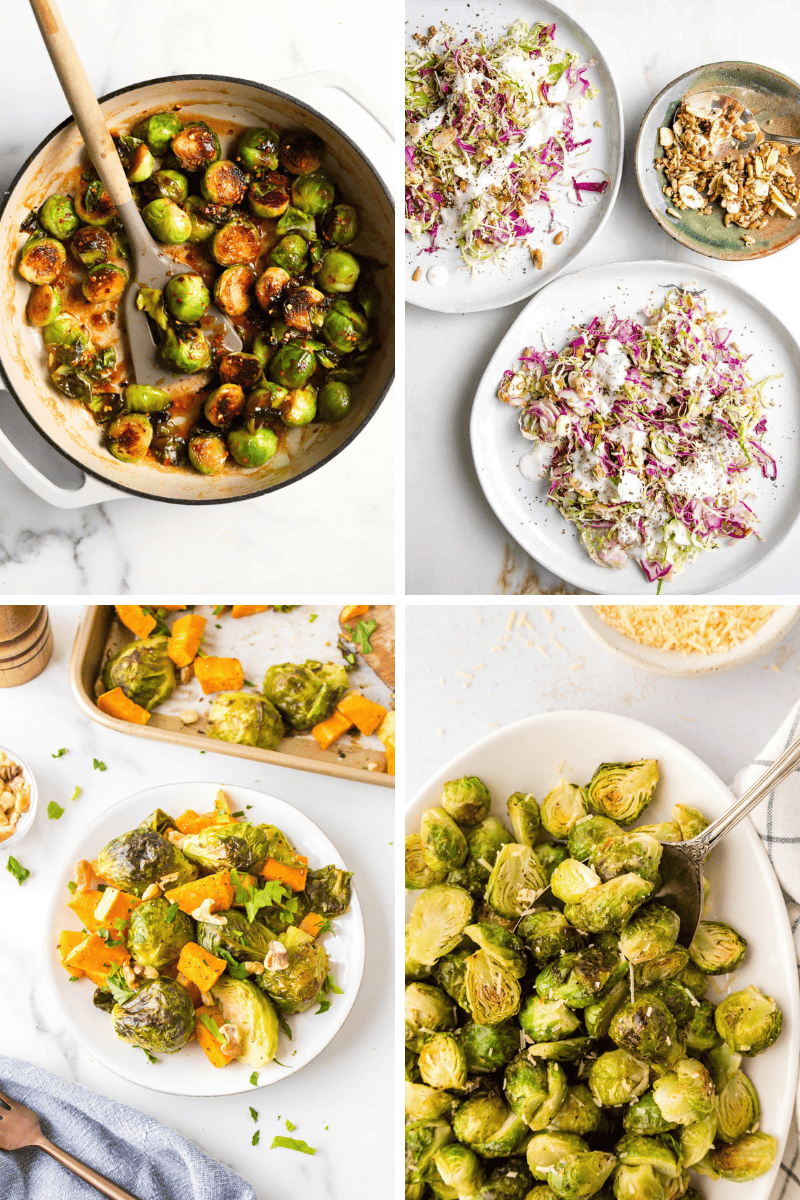 Four unique brussels sprouts recipes served in bowls and plates, viewed from above.