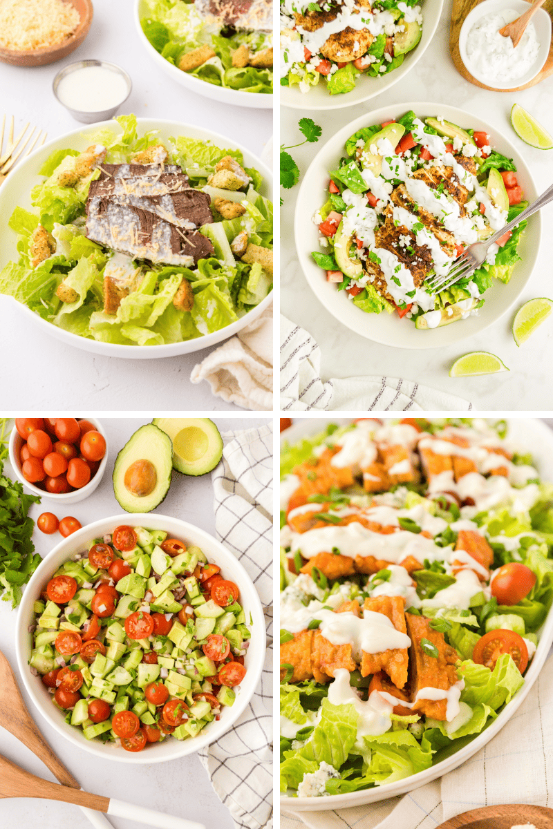 Four fresh summer salad recipes with croutons, avocado, and a variety of toppings.