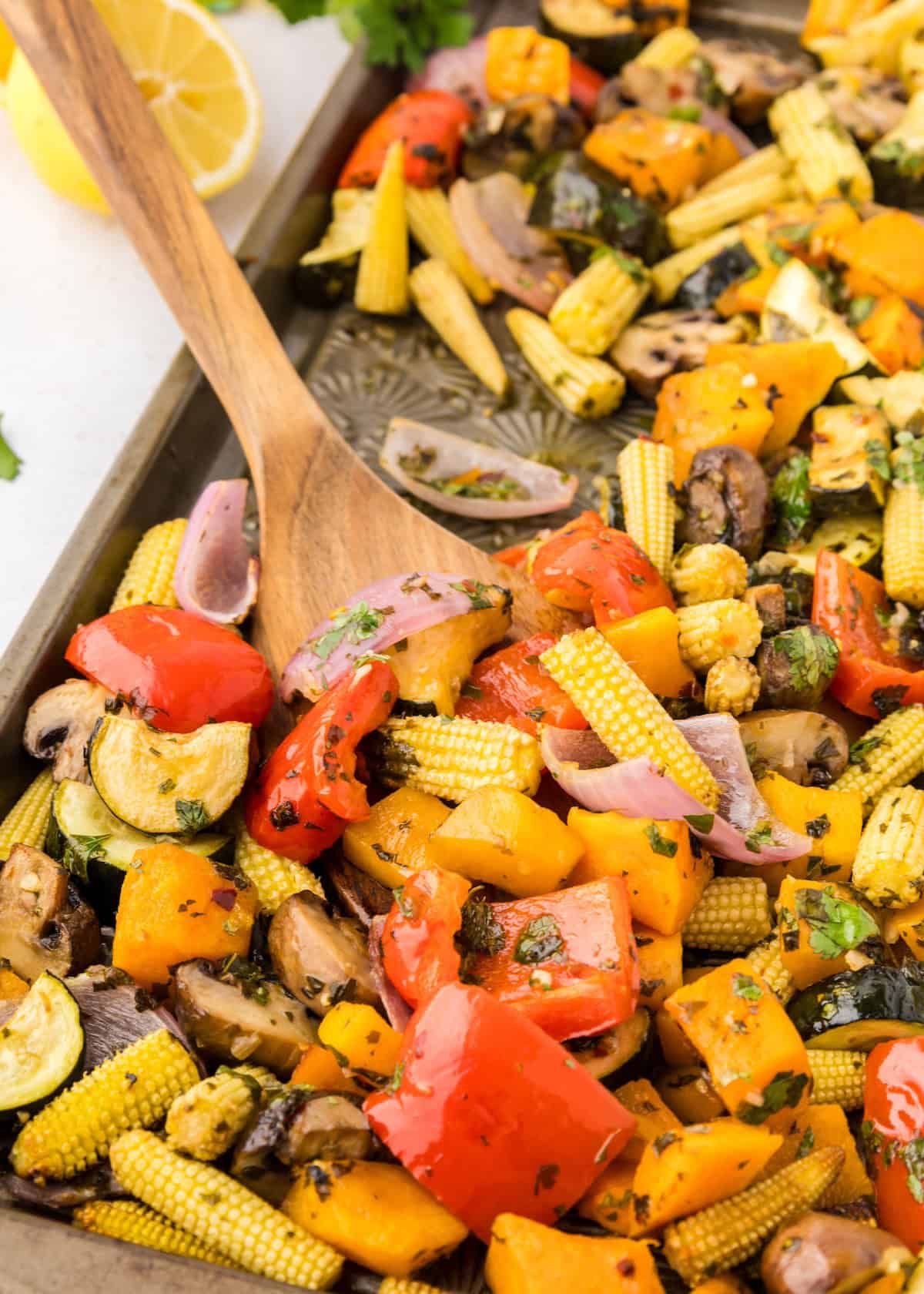 chimichurri roasted vegetables served