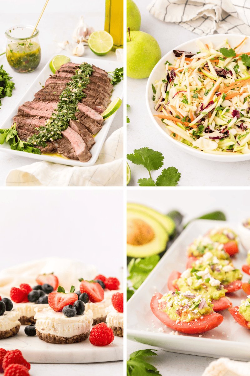 Four Memorial Day recipes: sliced steak, coleslaw, mini cheesecakes, and stuffed tomatoes.