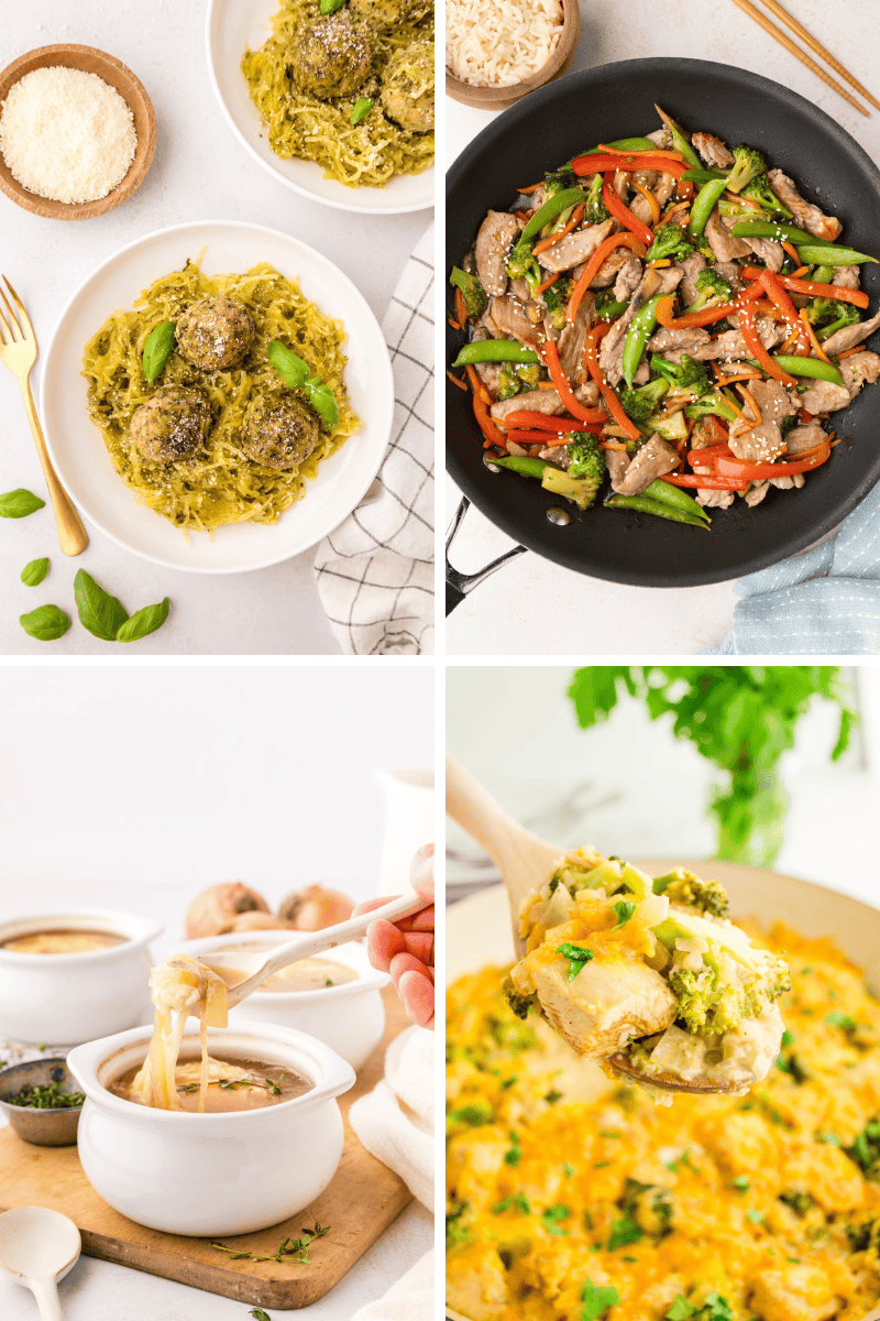 Four easy one pot meals: pesto pasta, beef stir-fry, French onion soup, vegetable casserole.