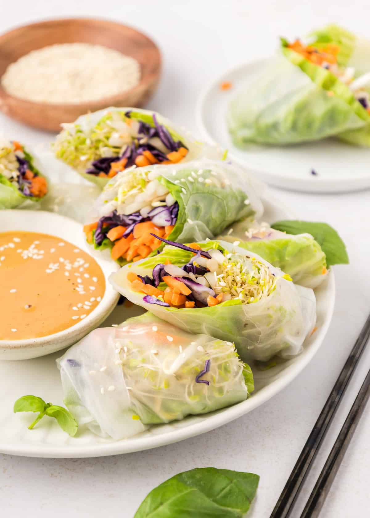 Veggie spring rolls served with peanut sauce.