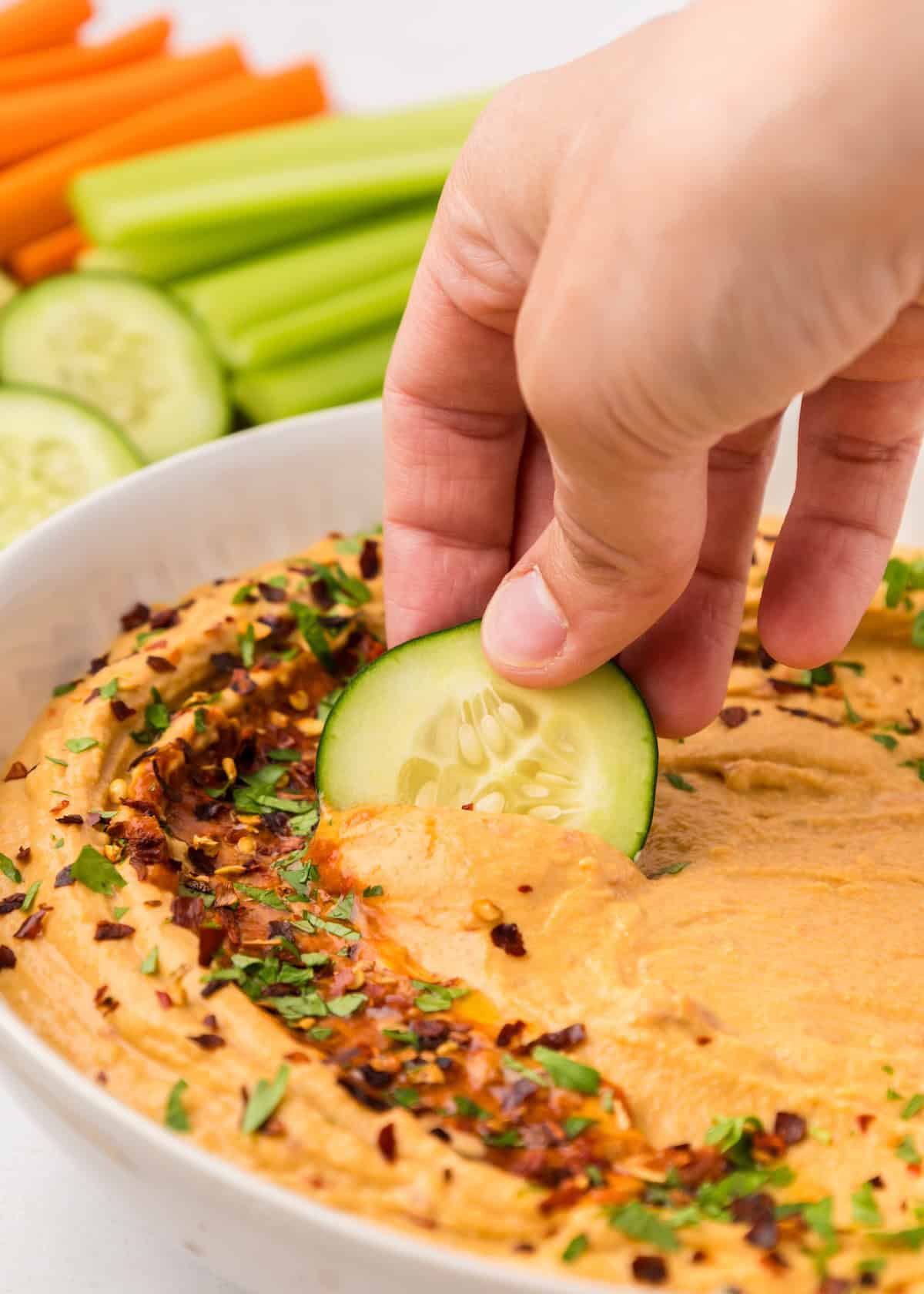 roasted red pepper hummus, scooped with cucumber