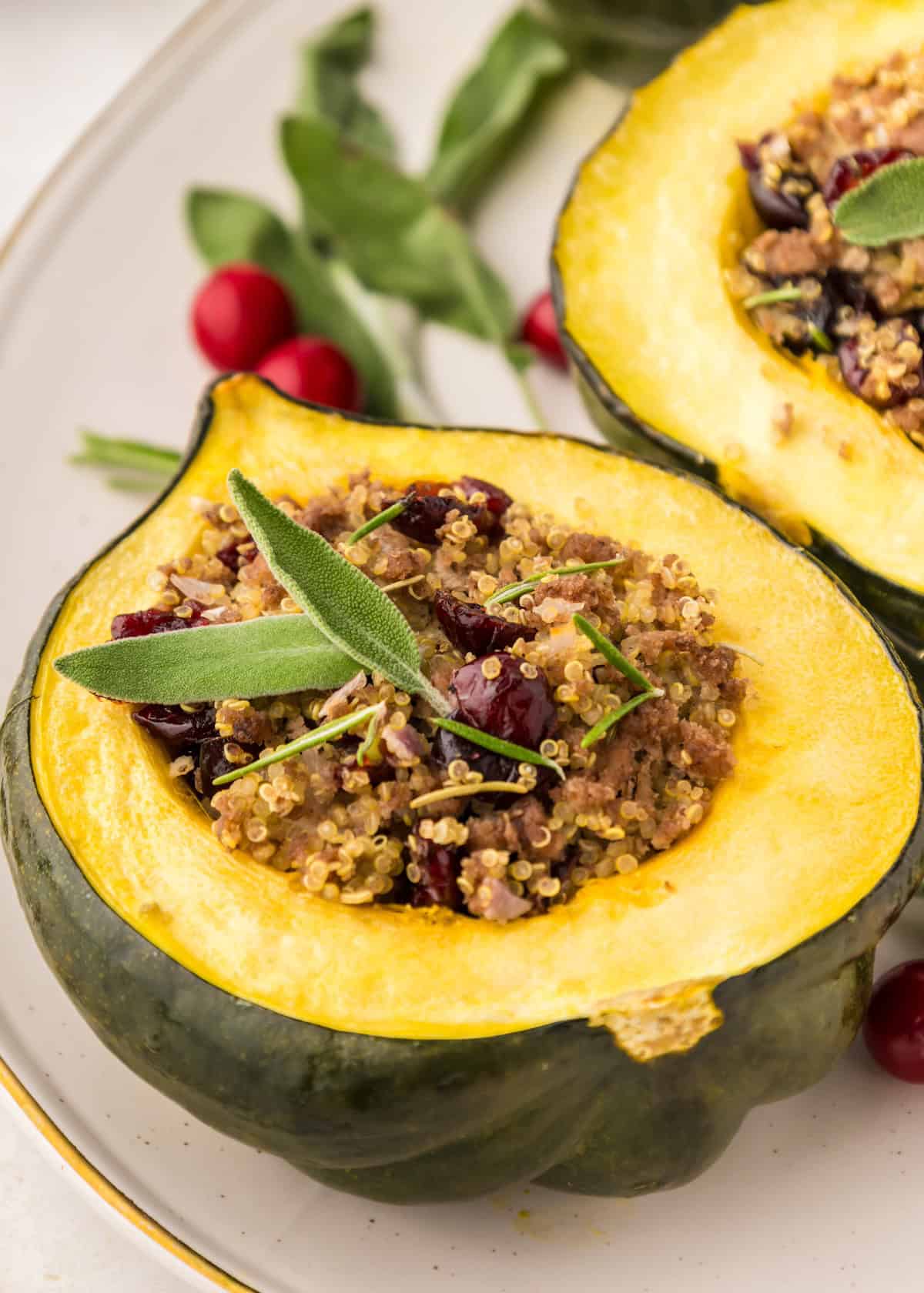 Stuffed acorn squash garnished and served.