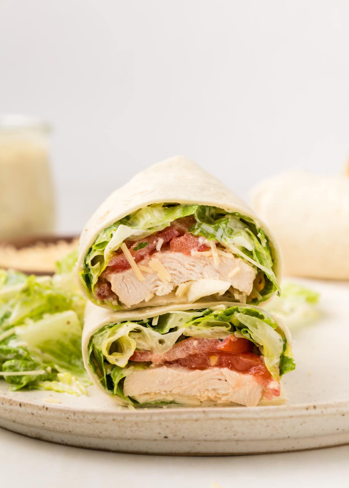 Caesar Chicken Wrap, sliced and stacked.