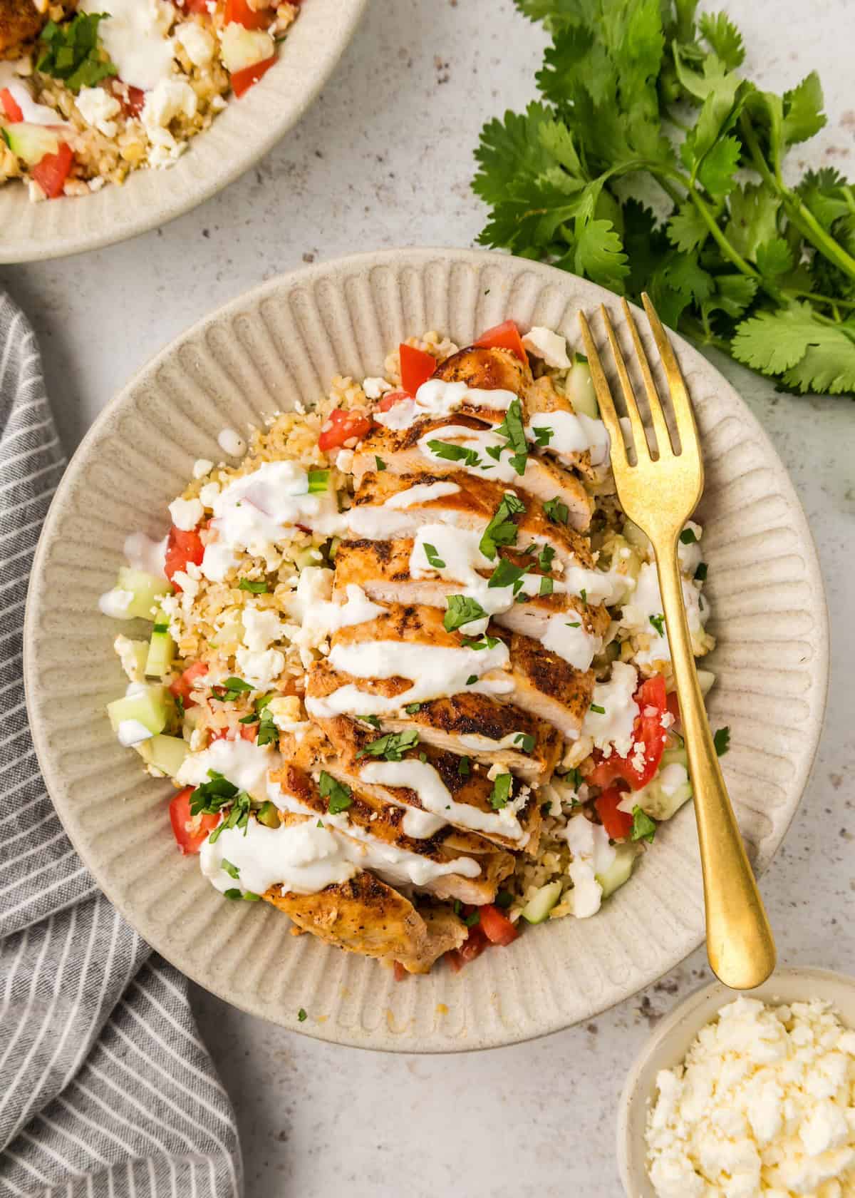 Top shot of Chicken Tabbouleh in a bowl.